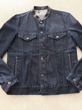 The Kooples Navy Denim Jacket with Black Leather Trim